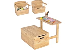 Maxmass 3 in 1 Toddler Table and Chair Set, Convertible Kids Bench Storage Chest with Safety Hinge, Wooden Toy Storage Box Children Toy Storage Organizer for Kids Room Playroom Daycare (Natural)