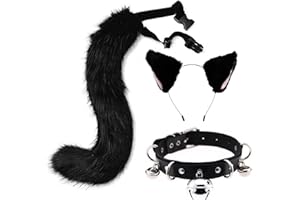 Moyubath Cat Ears and Tail Set, Furry Wolf Fox Ears Headband and Long Tail Animal Halloween Cosplay Party Costume Leather Neck Chocker for Kids Adult