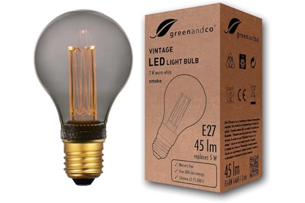 greenandco Bombilla LED Decorativa Edison Estilo Vintage | E27 A60 | Gris | 2W 45lm | 1800K Blanco Extra Cálido | 320° | 230V | Sin Parpadeos | No Regulable