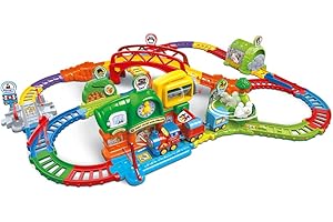 VTech - Tut Tut Bolides Super Circuit Train Éducatif - Circuit Voiture Enfant Électronique avec Adam Train Marchand, 6 Zones Magiques - Cadeau Garçon et Fille de 1 an à 5 Ans - Contenu en Français