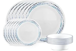 Corelle 18-piece Dinner Set, Ocean Blues, Blue and White Service for 6, Chip Resistant Dinnerware, includes 26cm dinner plates, 17cm salad / side plates and 530ml soup / cereal bowls