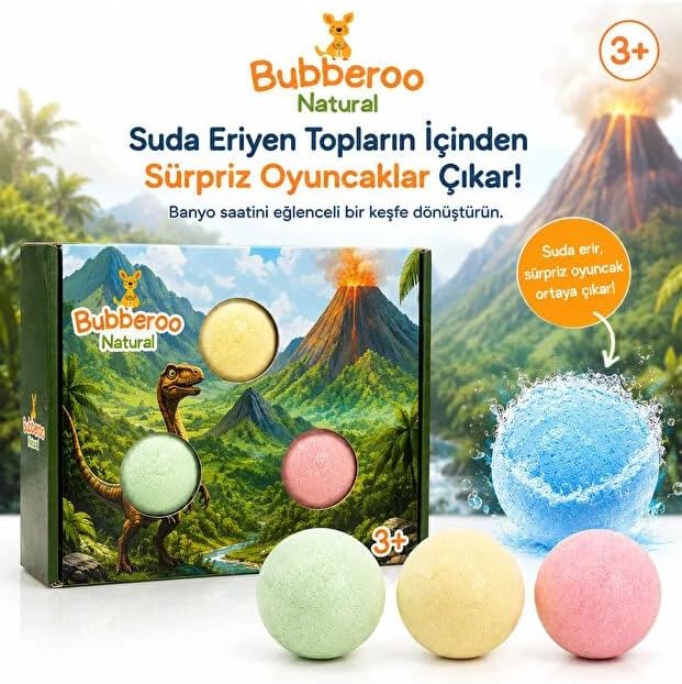 Çocuk Banyo Topu Seti 3'lü | Dinozor Sürpriz Oyuncaklı Banyo Bombası | Suda eriyince içinden oyuncak çıkan banyo topları