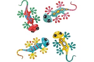TEENTOK Garden Ornaments Outdoor, 4PCS Hanging Metal Gecko Garden Decor Wall Art Outdoor Indoor, Gardening Gifts Spring Decor with Shaking Head for Garden Lawn Fence Terrace