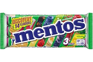 ‎MENTOS Mentos Dragees Discovery, Optimal-saure Frucht-Bonbons mit 14 Flavours, fruchtig-spritzige Kaubonbons, Optimaligkeiten 3er Pack (3 Rollen), vegan