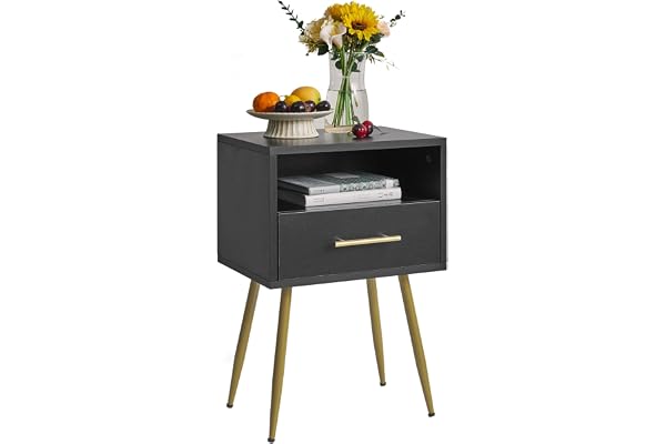 IBUYKE Nattduksbord, mitten av århundradet modernt sängbord med ben, minimalistiskt och praktiskt sidobord med 2 nivåer förvaringsutrymme, för sovrum, vardagsrum, svart WNS004B