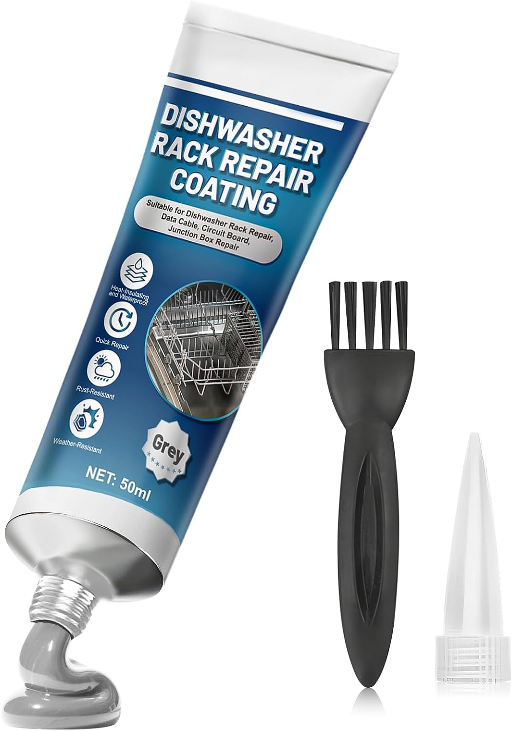 NoxGule Reparador Cesta Lavavajillas, Pintura para Cestas Lavavajillas, Rerack lavavajillas Gris, Fuerte Adherencia, Resistente al Agua, para Reparar Gomas Desprendidas en Cestas, 50ml