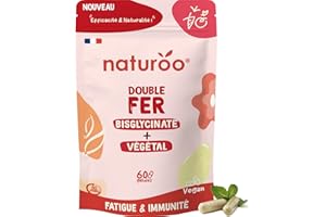 NATUROO NUTRITION Double Fer : Bisglycinate + Végétal (Arbre à Curry Bio) - 60 Gélules Vegan (2 mois) - Fatigue, Globules Rouges, Immunité, avec Vitamines B2 & C - Fabriqué en France