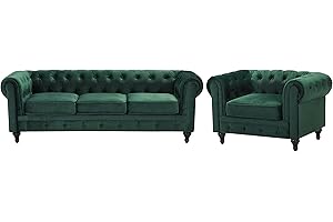 ‎BELIANI Beliani Wohnzimmer Set Sofa Sessel Samtstoff englischer Stil grün Chesterfield
