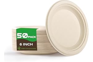 Yidaxing 50 Pcs Assiettes Jetables, Assiettes Rondes en Canne à Sucre Biodégradables, Vaisselle en Carton Écologique pour Fête Anniversaires Camping Pique-Niques Barbecues (15.2cm, Couleur du Bois)