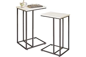 Aibiju Set of 2 C Shaped End Table for Sofa, Bedside Table, Couch Table with Metal Frame for living Room, Bedroom, Balcony, White Faux Marble and Black Metal Frame, YD-TM051B-2