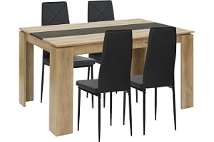 FURNITABLE matbord med 4 stolar, matsalsgrupp, set om 4 matstolar och rektangulära träbord, matgrupp för vardagsrum, kök, kontor (160 x 70 cm bord + 4 svarta stolar)