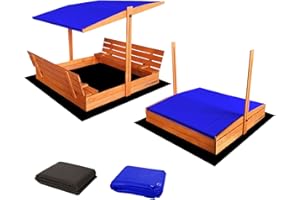 Ladanas® bac à Sable Enfant en Bois fermé de 140 x 140 cm avec bancs-bac a Sable avec Couvercle- Bois de pin imprégné -bac à Sable avec Toit surbaissé -1 bâche de Protection 1 bâche Isolante- Bleu