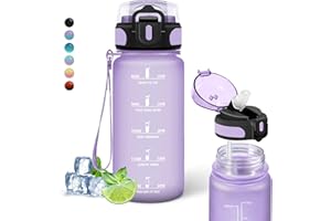 GRSTA Borraccia, Borraccia Bambini, Borraccia 0,5 Litri con Scala Temporale, Facile da Pulire, Borraccia con Cannuccia Senza Perdite, Borraccia Motivazionale, Borraccia per Scuole, Campeggio, Uffici, Viola