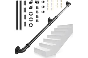 Main Courante pour Escalier, VAYOTOY 1/1,5/2/3m Main Courante Escalier Interieur Exterieur Rampe d'escalier avec Tuyau en Acier Galvanisé Industriel Antidérapant Antirouille Installation Facile (2m)