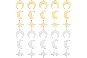 DICOSMETIC 60Pcs 3 Styles Lune et Étoile Charmes Croissant de Lune Doré/Étoile à Huit Branches Breloques Célestes Breloques en Acier Inoxydable pour DIY Fabrication de Bijoux, Trou: 1.2mm