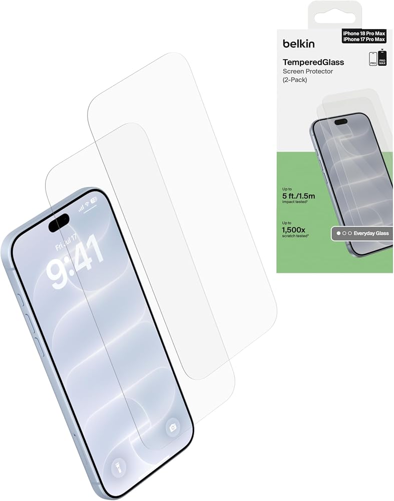 Belkin TemperedGlass Ekran Koruyucu, iPhone 18 Pro Max/17 Pro Max, 2’li | Çizilmeye Dayanıklı, Temperli Cam, Darbe Koruması, Easy Align Hizalama Çerçevesi, Kabarcıksız Uygulama, Dayanıklı