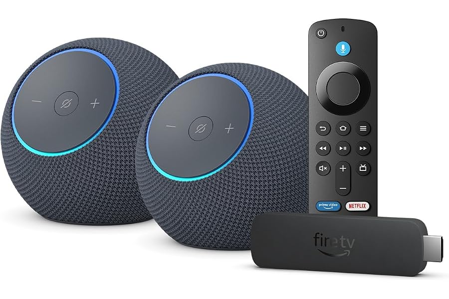 Amazon Echo Dot Max (neueste Gen.) x2, Graphit + Fire TV Stick 4K Plus - Kabellose TV-Lautsprecher, 