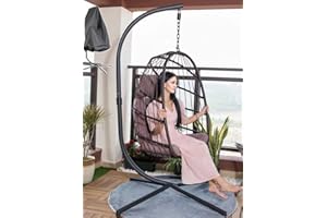 Mojia Patio Wicker Hanging Egg Swing Chair with Stand, Hammock Egg Chairs Foldable UV Resistant Cushions 440lbs Capaticy (Brown)