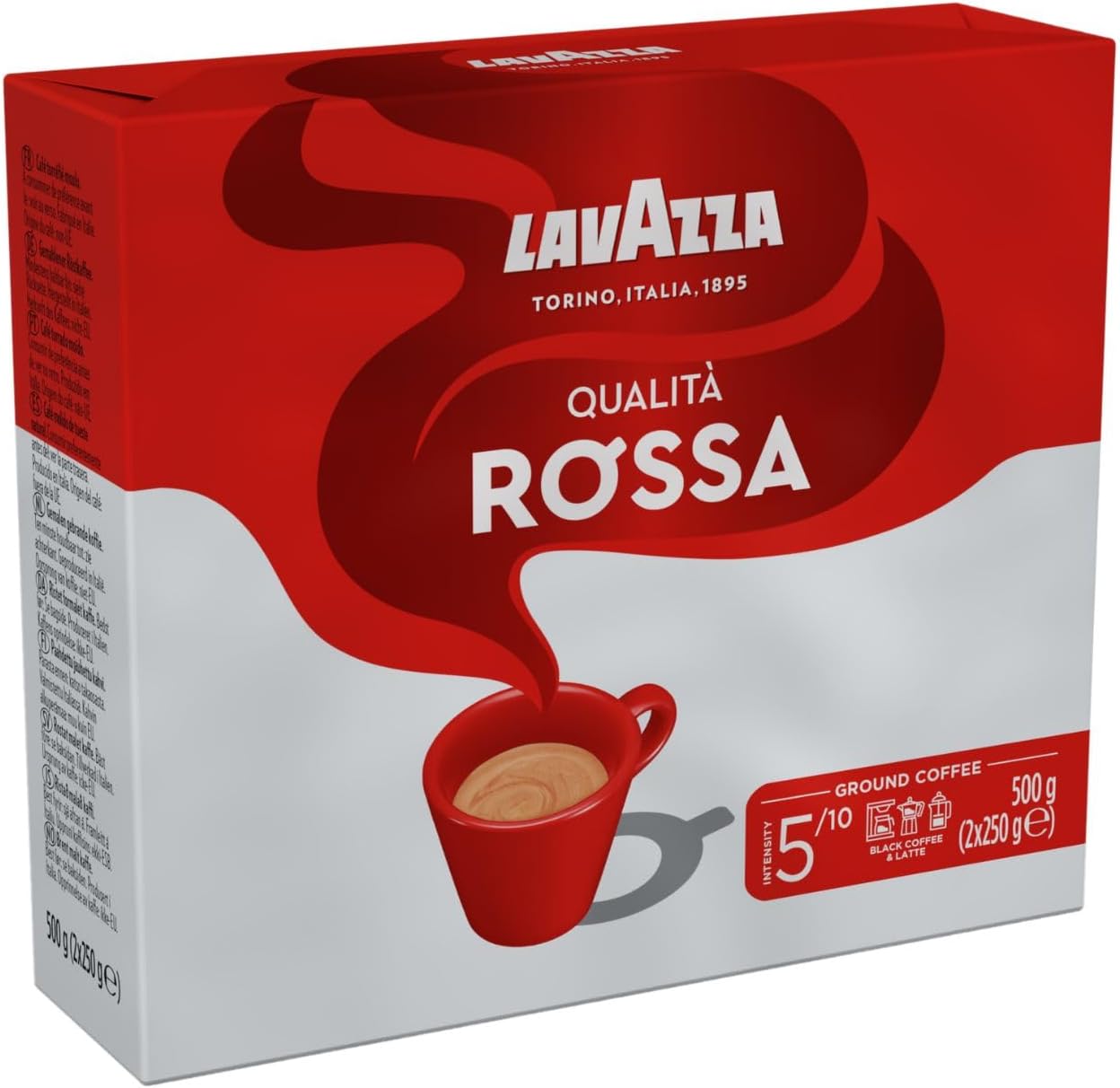 Lavazza, Qualità Rossa, Café Molido Natural, 2 Paquetes de 250 g, Ideal para Cafetera Italiana, de Filtro y Francesa, con Notas Aromáticas de Chocolate, Arábica y Robusta, Intensidad 5, Tueste Medio