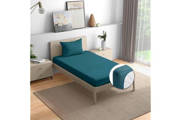 Wakefit Cotton Fitted Bedsheet 144 TC Elastic Fitted Sheet, Single Bed Bedsheet with 1 Pillow Cover Peacock Blue - 72x36 inches