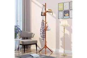 AUTUMNDEER Wooden Coat Rack Stand with 8 Hooks, Hall Tree Entryway Standing Hat Hanger Coat Rack, Tray Coat Tree Hallway Clothes Rack, Coat Hanger Stand for Clothes, Suits, Scarves, Handbags, Umbrella