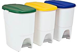 Denox Set de 3 Cubos de Reciclaje con Pedal 3x25L – Cubos de Basura Cocina con Tapa Amarillo Verde y Azul – Separadores de Residuos, Polipropileno Resistente y Fácil Limpieza