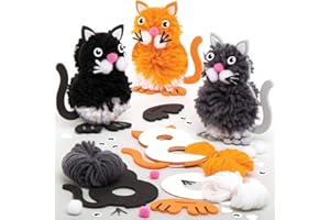 Baker Ross Kit de Pompones Gato AT837 (paquete de 3), arte creativa y suministros de manualidades para hacer, decorar y exhibir para niños, surtidos
