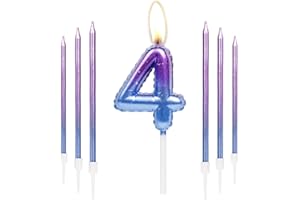 MCISKIN Colorful Birthday Candles Set, Number 4 Candes with 6Pcs Purple Blue Long Candles, Happy 4th Birthday Candles for Cake, Cake Candles for Girls Boys Birthday Party Decorations Wedding Anniversary