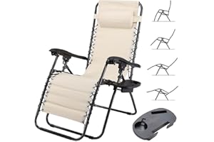 BAKAJI Sedia gravità Zero Sdraio da Giardino Poltrona Relax Pieghevole Salvaspazio con Vassoio Tubolari Acciaio 22mm Reclinabile Tessuto in Oxford Traspirante Terrazzo Piscina Esterno (Beige)