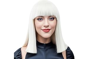 IMISSU Peluca corta de pelo natural para cosplay con flequillo recto, pelucas para fiesta de disfraces de Halloween para mujer (Blanco)