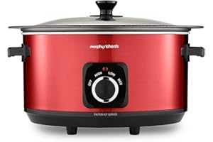 Morphy Richards Accents 6.5L Sear & Stew Slow Cooker, Shatter Resistant Non Stick Aluminium Pot, Single Pot Cooking, 3 Heat Settings, Hob Proof, Glass Lid, Easy Clean & View, Red, 461026