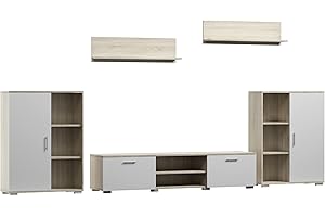 ‎MATKAM MATKAM Wohnwand Herkules II, Schrankwand Wohnzimmer Modern, Wohnzimmerschrank mit Fernsehtisch, Sideboard und Wandregal Wohnzimmer Komplett Möbel (Sonoma/Weiß)