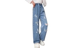 Hangzhikids Girls' Casual Elastic Waist Wide Leg Jeans Cool Ripped Jeans Age 5-14 Years