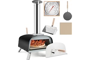 GYMAX Four à Pizza Extérieur à Bois ou à Pellet, avec Thermomètre, Pelle à Pizza, Pierre à Pizza de φ33CM, Température Max. 450 ℃, pour Jardin, Camping, Fête