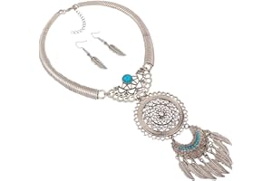 YAZILIND Women Bohemian Power Silver Feather Tassel Drop Earrings Choker Ethnic Statement Necklace Jewelry Set