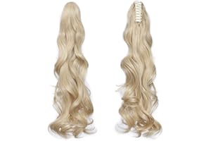 SILK-CO 24 Pouces Postiche Queue de Cheval Ondulé A Pince Ombre Ponytail Extension Claw On Extension Queue de Cheval Cheveux Synthetique, Blond/Blond Très Clair