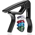WiNGO Capodastre Guitare Électrique Acoustique, Noir, 5 Médiators | Capo de Guitare pour Guitares Folk 6 Cordes, Ukulélés, Mandolines et Banjos, Accessoires Guitare