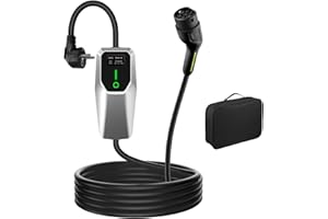 AWESAFE Chargeur Voiture Electrique, Type 2, Mono-phasé 16A, Réglable à 6A/8A/10A/13A/16A,Courant Commutable, Boîtier de contrôle argenté, avec Prise Schuko pour Usage Domestique, à Usage Domestique.