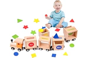 ISIVOUS Holzzug mit 4 Waggongs und 16 Bausteinen, Holzeisenbahn Magnetzug Set, Form- und Farbbewusstsein Montessori Holzspielzeug, 46cm lang, Motorikspielzeug für Kinder ab einem Jahr