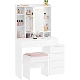 VASAGLE Dressing Table with Adjustable Brightness LED Lights, 98 x 40 x 145 cm | Mesa de Maquillaje con Espejo, Compartimento