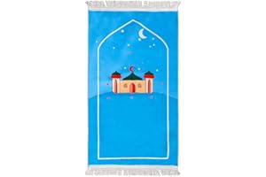 Windplusya Gebetsteppich für Kinder, 19.7x35.4 in Weicher Dicker Cartoon-Quasten Muslimischer Eid-Geschenk für Jungen/Mädchen.(Blue House)