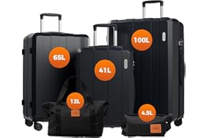 Vallsero Koffer Set, Gepäck Set, Trolleys, Reise Koffer 5tlg, ABS, TSA-Schloss, Enthält 1 Reisetasche und 1 Kulturbeutel, 4 Rollen, Aluminium-Teleskopgriff (Schwarz)