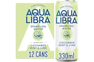 AQUA Libra Sparkling Water, Sugar Free Fruit Water, No Sugar, No Calories, Cucumber, Mint & Lime, 330 ml Pack of 12