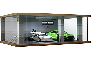 BIVITRE 1:24 Scale Die-Cast Car Garage Display Case with Transparent Acrylic Cover and LED Lighting for 3 Parking Spaces (2A)
