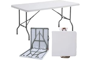 HA FURNITURE 5ft Folding Table, Fold-in-half Plastic White Foldable Table w/Carry Handle for Party Dining Picnic Camping Booth Market BBQ