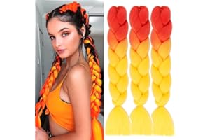 COLORFUL PANDA Colorfulpanda Lot de 3 extensions de cheveux synthétiques Yaki pré-étirées pour tressage de couleurs mélangées, 61 cm, orange à jaune fluo