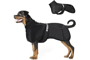 FADCAER Waterproof Dog Coat,Cold Weather Dogs Coat with Harness,Dog Jacket Cotton Lined Clothes Windproof with Reflective Strips,Winter Vest Warm Pet Jacket Clothes Costume for Medium Large Dogs (Black 3XL)
