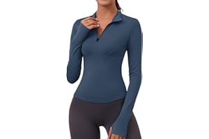 Rapbin T-Shirts de Sport Femme à Manche Longues Tops 1/4 Fermeture Éclair Fitness Running Yoga Tee Shirt Long Sleeve Top Women