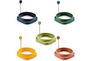 KINWODON 5 Pcs Fired Egg Ring Moulds, Double-Side Poached Egg Cooking Rings Non Stick Frying Egg Cooking Mold with Handle for Frying pan Poached Egg Muffin Pancake Maker Shaper Tool