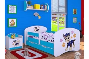 Happy Babies Kinderbett - mit Rausfallschutz Junge 140x70 Bett für Kinderzimmer mit Schublade & Matratze Einzelbett für Kinder Weiß/Blau Hundemotiv Police (Blau)